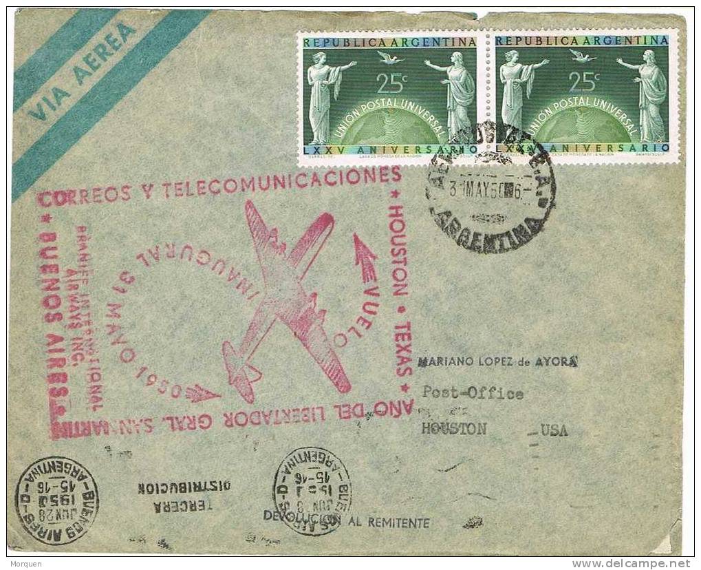 Carta Aera Vuelo Inaugural Argentina - Houston 1950. U.P.U. - Cartas & Documentos