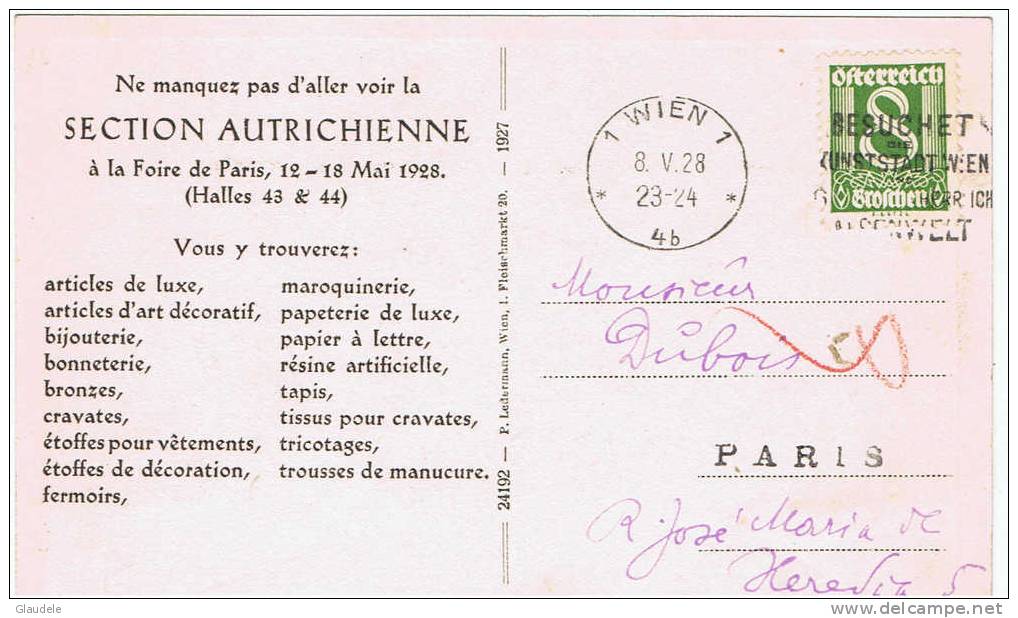 Cp Autriche Vienne "staatsoper" +carte Publicitaire Foire De Paris 1928 - Other & Unclassified