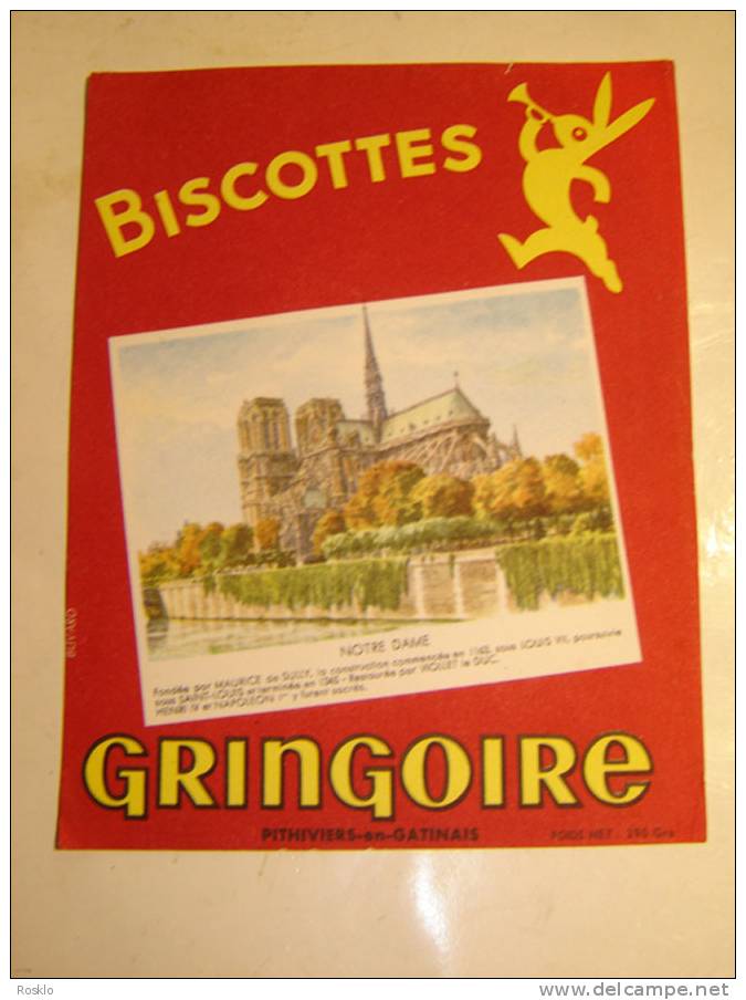 BUVARD / BISCOTTES GRINGOIRE PARIS NOTRE DAME / 15 X 19CM  / TRES BEL ETAT - Biscottes