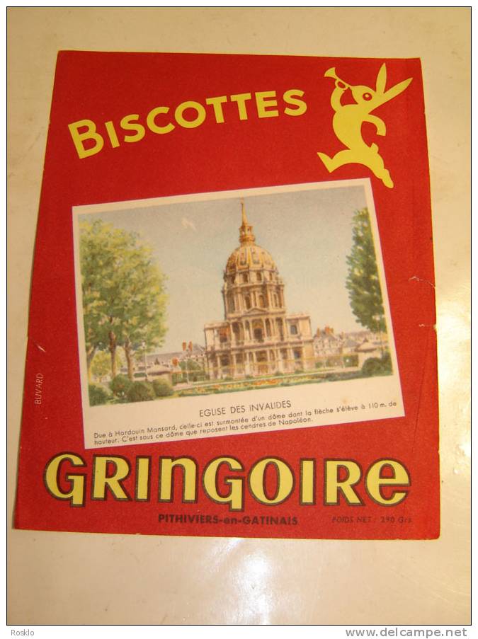 BUVARD / BISCOTTES GRINGOIRE PARIS LES INVALIDES  / 15 X 19CM  / BEL ETAT - Biscottes