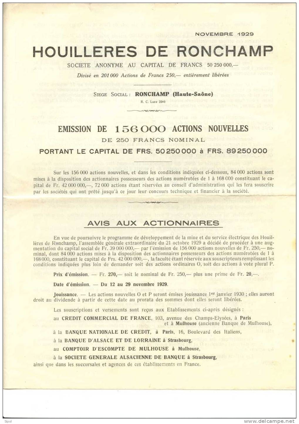 Houillères De Ronchamp Dept 70 Lettre Aux Actionnaires Vers 1929 - Mijnen