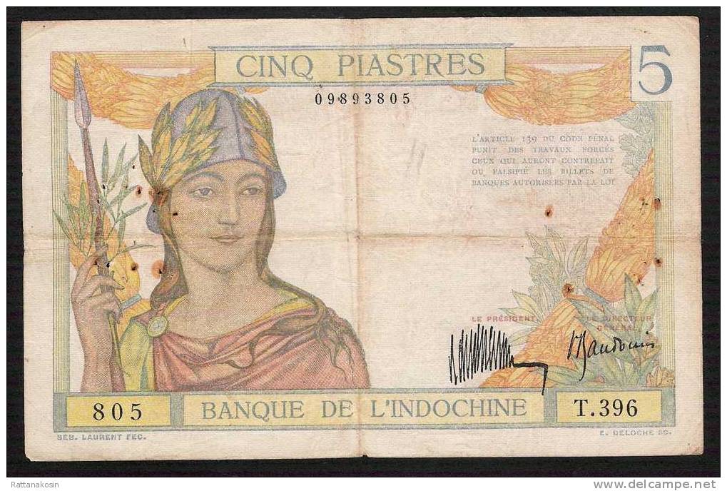 INDOCHINA INDOCHINE P55a  5 PIASTRES (1932) Signature 8   FINE - Indochine