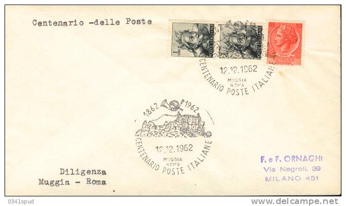 1962 Italia  Centenario Poste Diligenza Muggia  Roma  Su Lettera  Diligence Mail-coach - Diligences