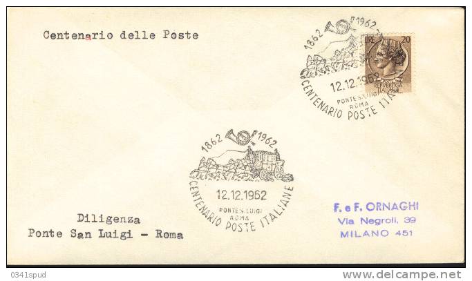1962 Italia   Centenario Poste Diligenza  Ponte San Luigi   Roma  Su Lettera  Diligence Mail-coach - Diligences