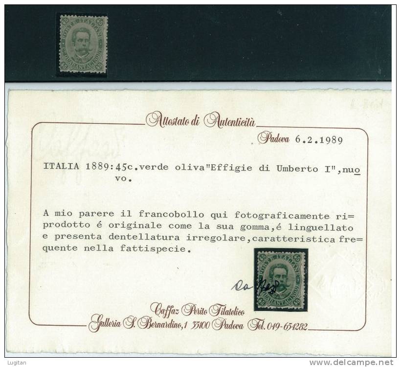 Italia Regno 1889  - Numero Sassone 46 - Nuovo Linguellato - Certificato Caffaz - Effigie Umberto I° - Italy Kingdom - Ongebruikt