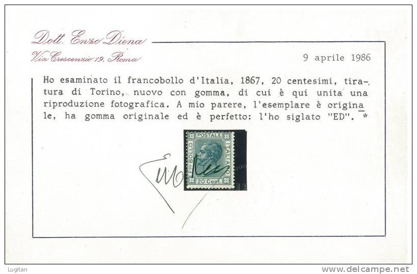 Italia Regno 1867  - Numero Sassone T26 - Nuovo Linguellato - Expert E. Diena - Effigie Vitt. Em. II - Italy Kingdo - Mint/hinged