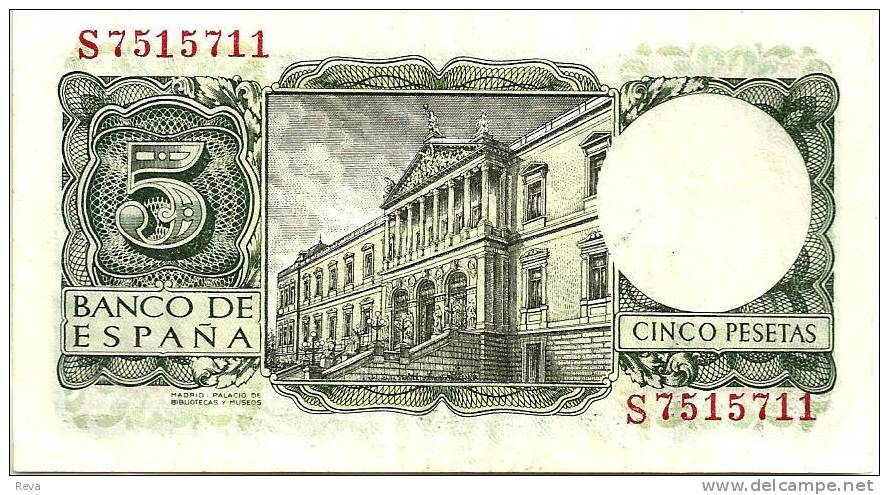 SPAIN  5 PESETAS  GREEN MAN FRONT BUILDING  BACK  DATED 22-7-1954 EF P146 READ DESCRIPTION!! - 5 Peseten