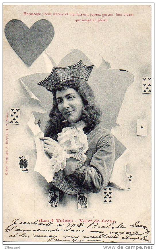 Carte Postale Ancienne Fantaisie Carte à Jouer - Les 4 Valets; Valet De Coeur - Horoscope, Jeux, Bergeret - Spielkarten