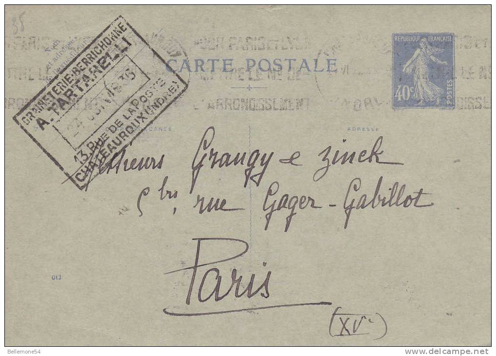 Carte Postale (entier) 36 Châteauroux  Graineterie Berrichonne A. Tartarelli En 1936 - Chateauroux