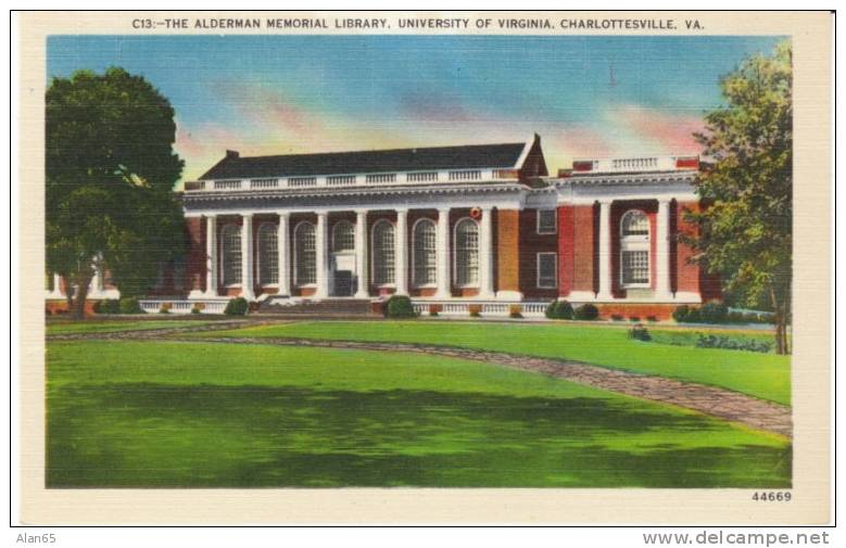 Charlottesville VA, Alderman Memorial Library, University Of Virginia, On C1930s/40s Vintage Linen Postcard, School - Andere & Zonder Classificatie