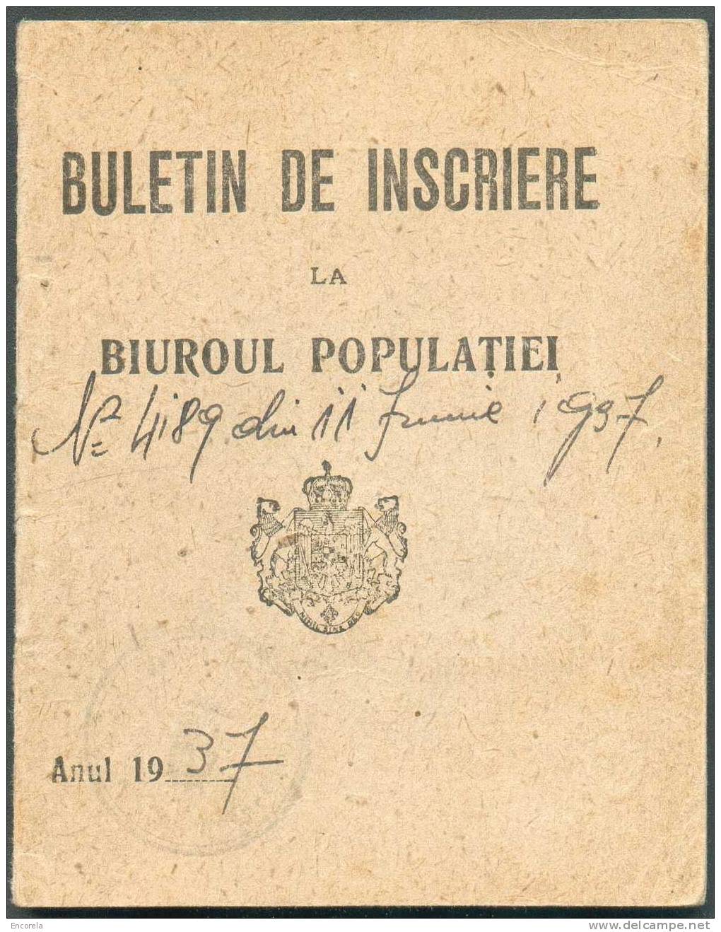 Buletin De Inscrieri LA Biuroul Populatiei 11 Juin 1937 Avec Timbres Fiscaux 7 + 2 Lei  De Madame Elena Ermolinschi, à B - Lettres & Documents