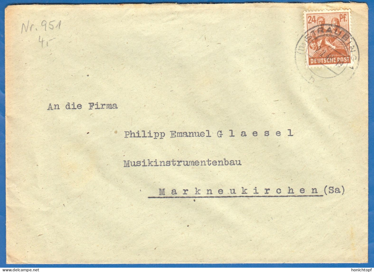 Deutschland; Alliierte Besetzung MiNr. 951; 1948; Geschäftsbrief Von Straubing Nach Markneukirchen - Lettres & Documents