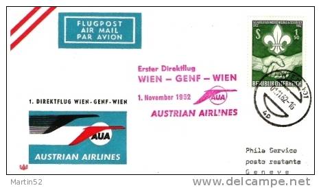 Direktflug WWIEN-GENF-WIEN 1.November 1962 Durch AUA , Mit Pfadfinder-Marke(CHF 10.00) - Premiers Vols