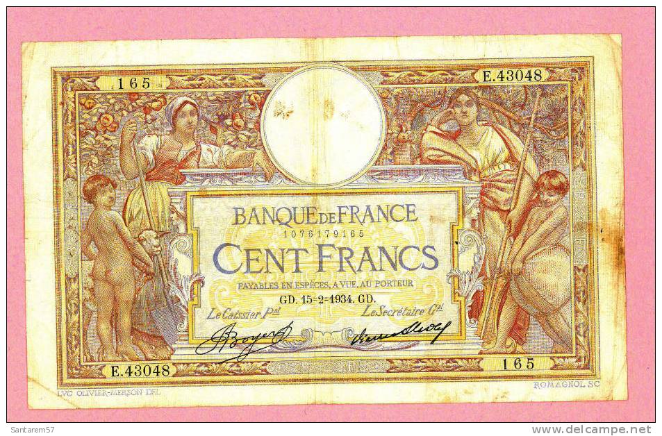 Billet De Banque Nota Banknote Bill 100 CENT FRANCS BANQUE DE FRANCE LUC OLIVIER MERSON 15/2/1934 - 100 F 1908-1939 ''Luc Olivier Merson''