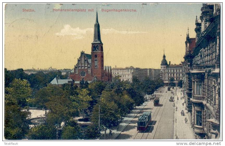 Stettin Hohenzollernplatz Bugenhagenkirche Straßenbahn Color Belebt 10.5.1911 Gelaufen - Pommern