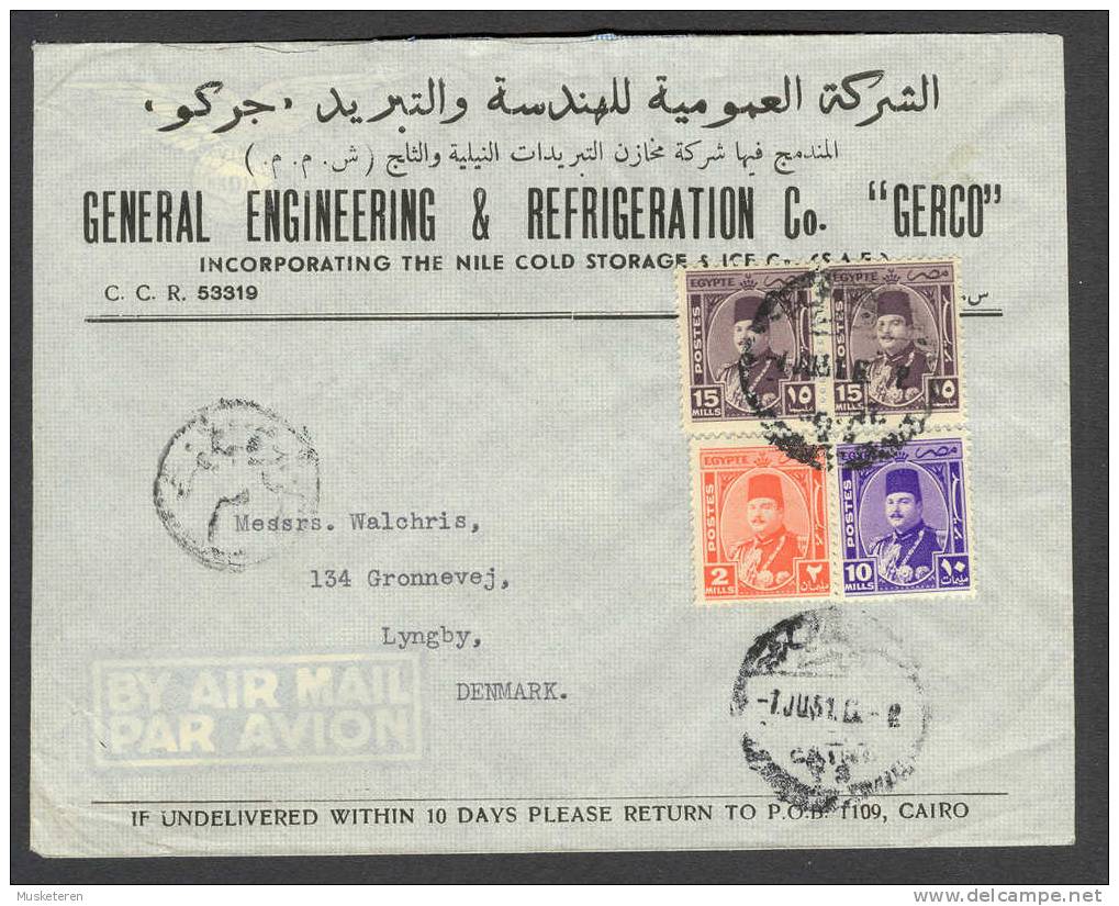 Egypt Egypte General Engeneering & Refrigiation Co GERCO Cairo 1951 Censor Marking To Denmark - Covers & Documents