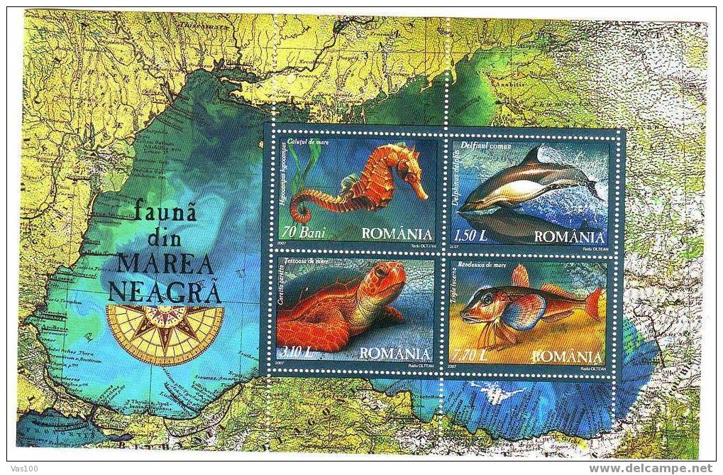 ROMANIA 2007 FAUNA FROM THE BLACK SEA;SEAHORSE,COMMON DOLPHIN,SEA TURTLE,TUB GURAND,MNH. - Dolphins