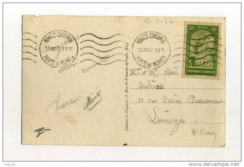 - MONACO . AFFRANCHISSEMENT SIMPLE SUR CP DE 1937   POUR LA FRANCE - Postmarks