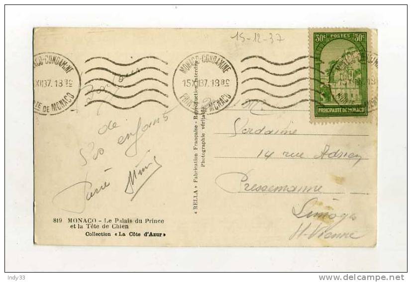 - MONACO . AFFRANCHISSEMENT SIMPLE SUR CP DE 1937   POUR LA FRANCE - Postmarks