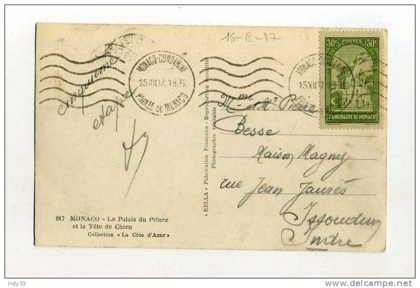 - MONACO . AFFRANCHISSEMENT SIMPLE SUR CP DE 1937   POUR LA FRANCE - Poststempel