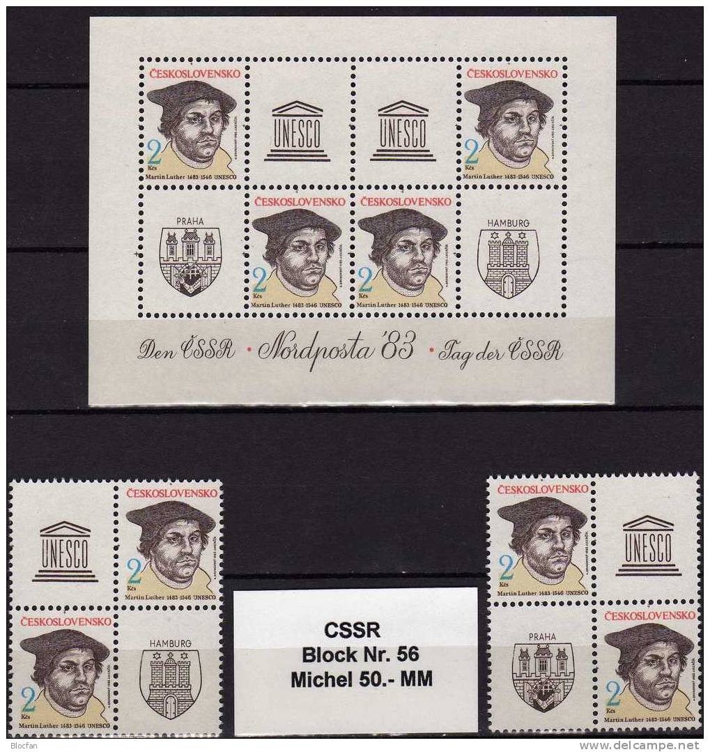 Martin Luther 1983 CSSR 2701,2xVB+Block 56 ** 20€ Nordposta Hamburg Reformator Wap Blocs Sheets Bf Tschechoslowakei - Théologiens