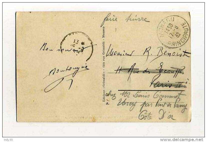 - MONACO . AFFRANCHISSEMENT SIMPLE SUR CP DE 1932   POUR LA FRANCE - Postmarks