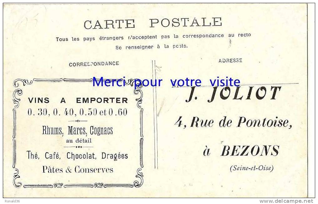 CP 95 BEZONS Publicité J . JOLIOT 4 Rue De Pontoise  Vins Vin Rhums Rhum  Marcs  Cognac  Thé , Café , Chocolat , Dragées - Bezons