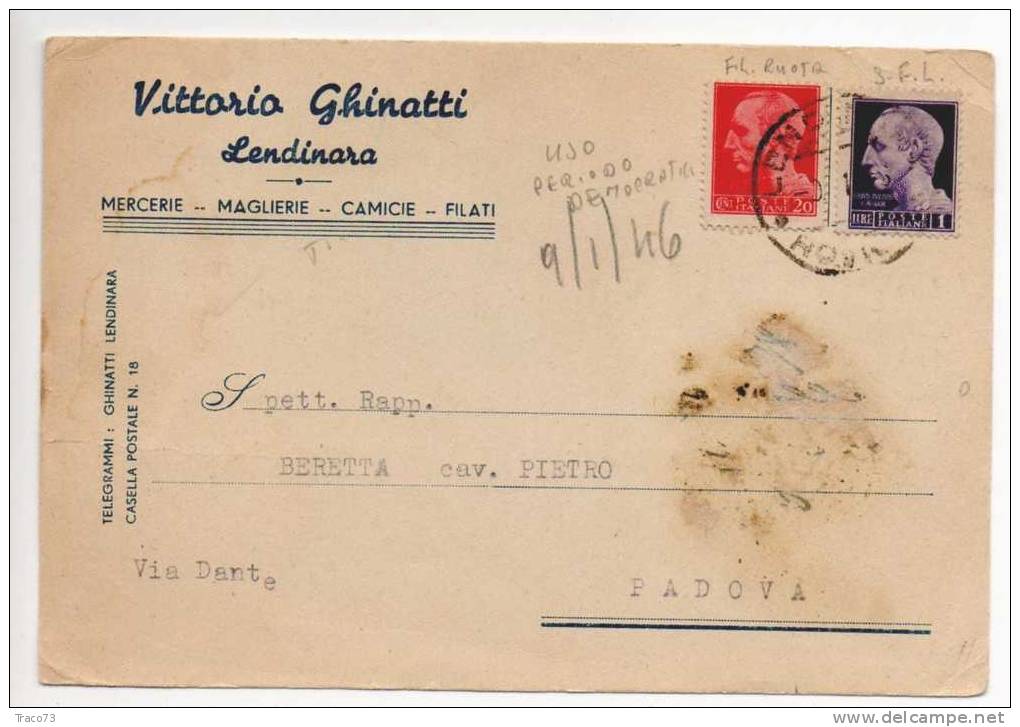 Lendinara / Padova - 09.01.1946 - Luogotenenza - Imperiale S.F.Lire 1+20 Cent. -Pubblicitaria- Firma - Marcofilía