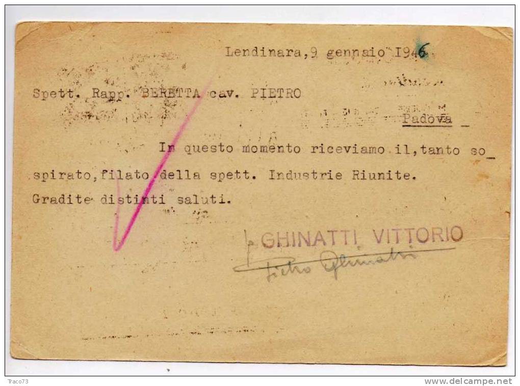 Lendinara / Padova - 09.01.1946 - Luogotenenza - Imperiale S.F.Lire 1+20 Cent. -Pubblicitaria- Firma - Marcofilía