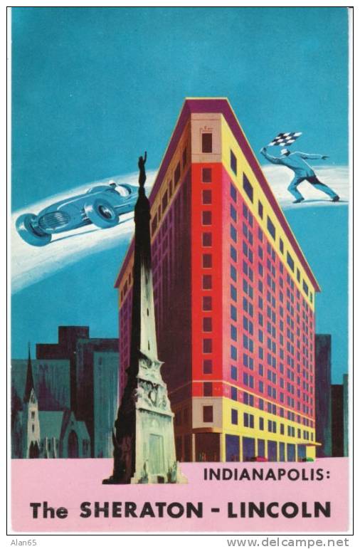 Indianapolis IN, Sheraton-Lincoln Hotel, Racing Theme On C1940s/50s Vintage Postcard - Sonstige & Ohne Zuordnung