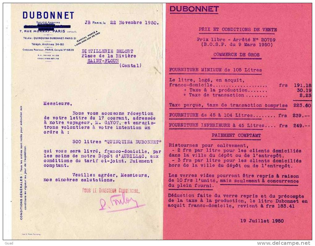 PUB DU QUINQUINA DUBONNET - COURRIER FACTURE PRIX COURANT  LES 5 DOCUMENTS - Alimentaire