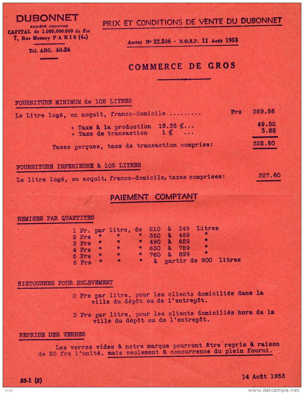 PUB DU QUINQUINA DUBONNET - COURRIER FACTURE PRIX COURANT  LES 5 DOCUMENTS - Alimentare