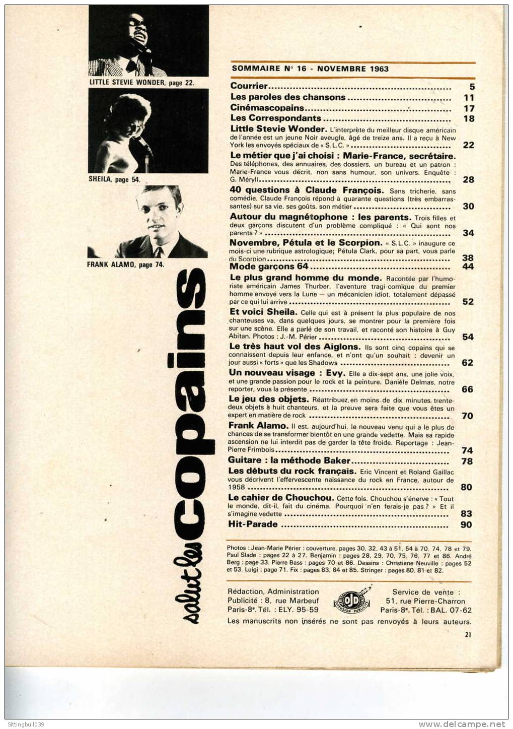 SALUT LES COPAINS N° 16. (SLC).  Novembre 1963. CLAUDE FRANCOIS. STEVIE WONDER. SHEILA, Etc. POSTERS Et SUPERBES PHOTOS. - Music