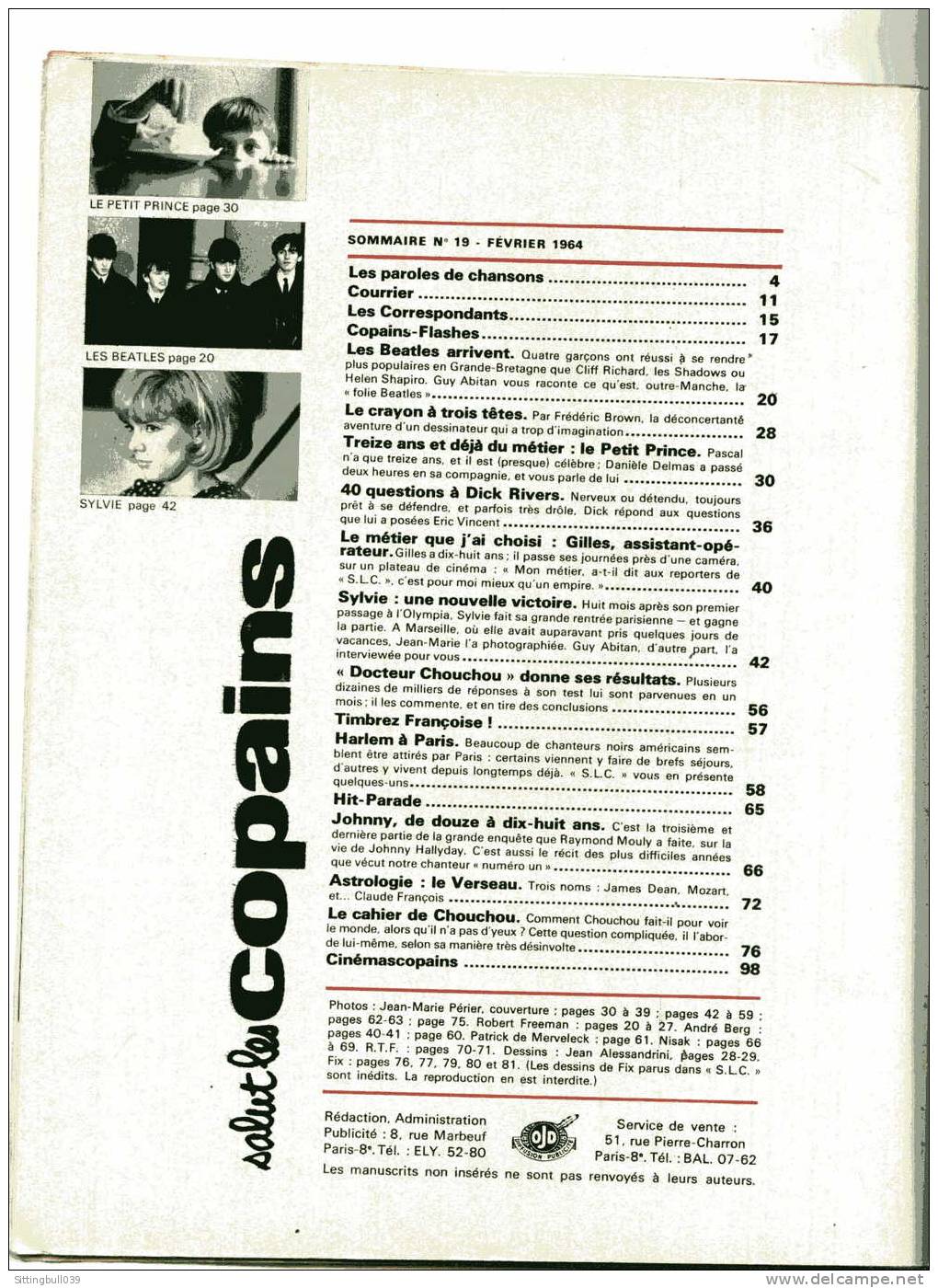 SALUT LES COPAINS N° 19. (SLC). Février 1964. DICK RIVERS, JOHNNY, LES BEATLES, Etc. POSTERS Et SUPERBES PHOTOS. - Musik