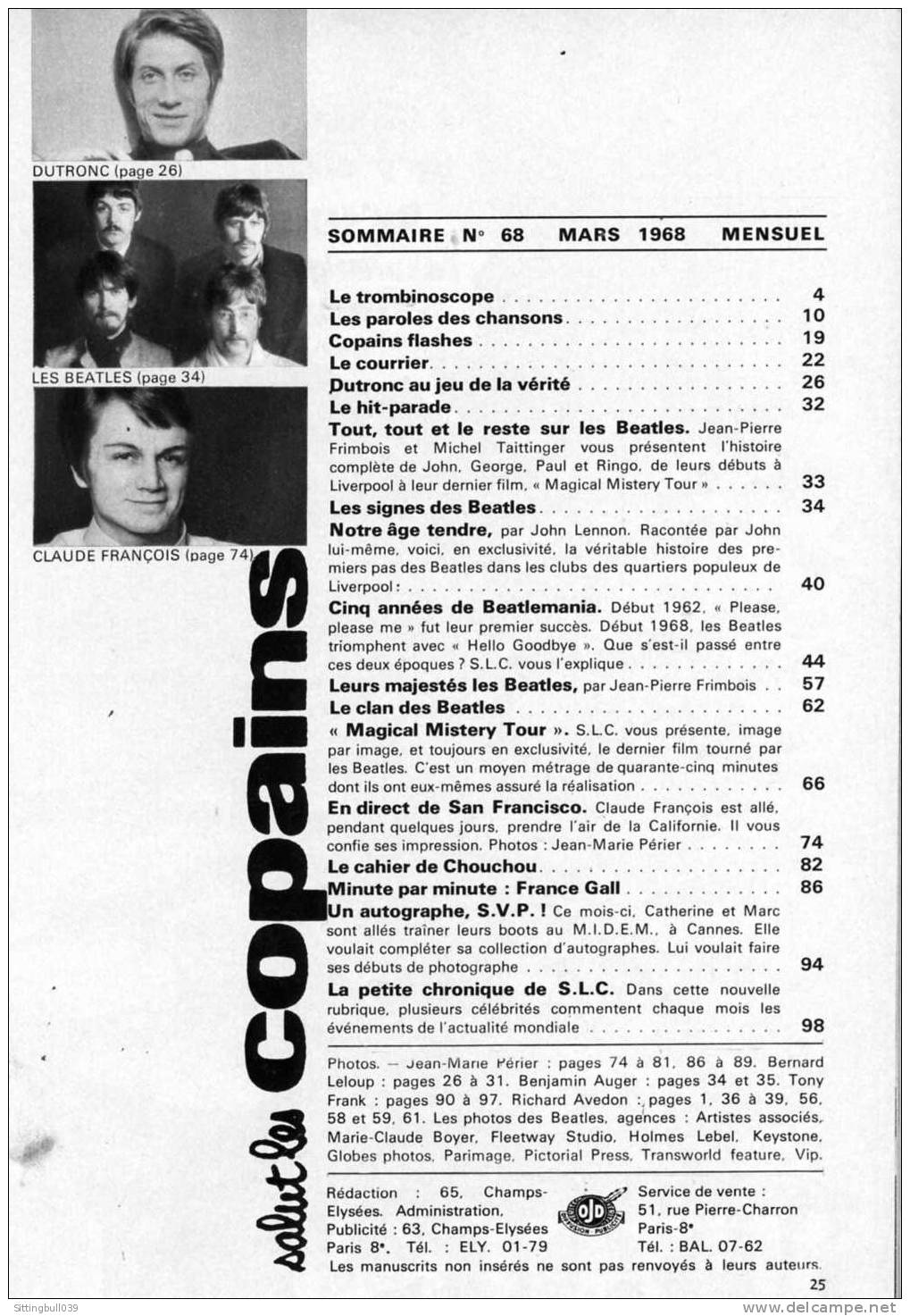 SALUT LES COPAINS N° 68. (SLC). Mars 1968. SPECIAL BEATLES, Tout, Tout Et Le Reste Sur LES BEATLES. SUPERBES PHOTOS. - Musique