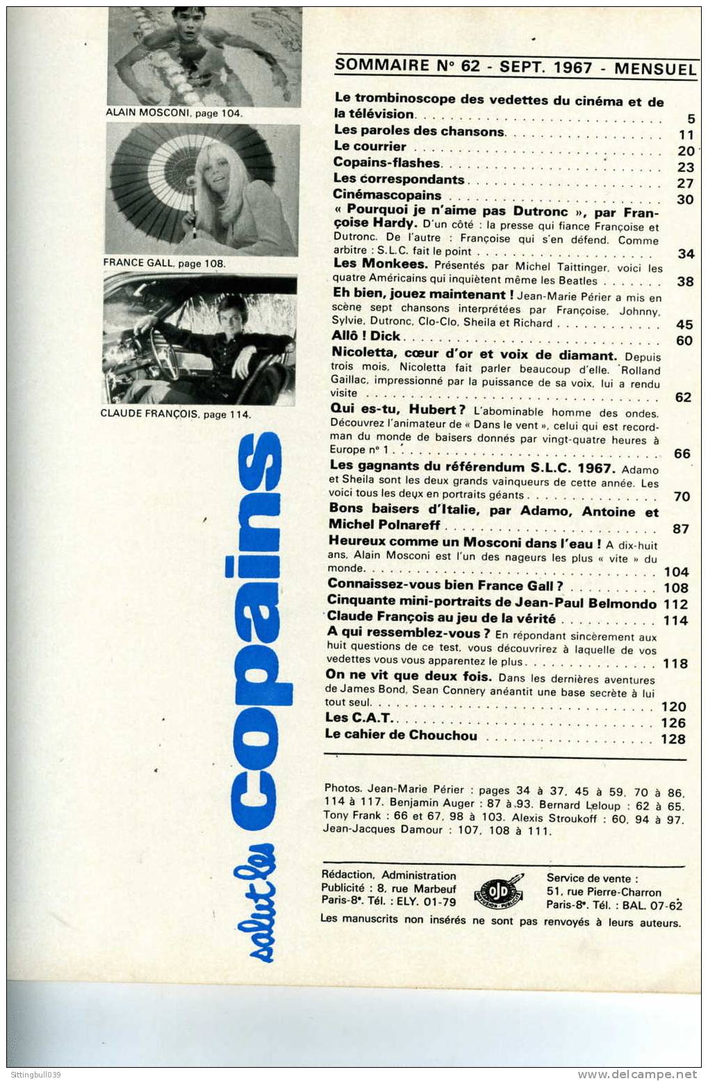 SALUT LES COPAINS N° 62. (SLC). SEPT. 1968. DUTRONC Et Françoise, Les MONKEES, Etc. POSTER Et SUPERBES PHOTOS. - Musique
