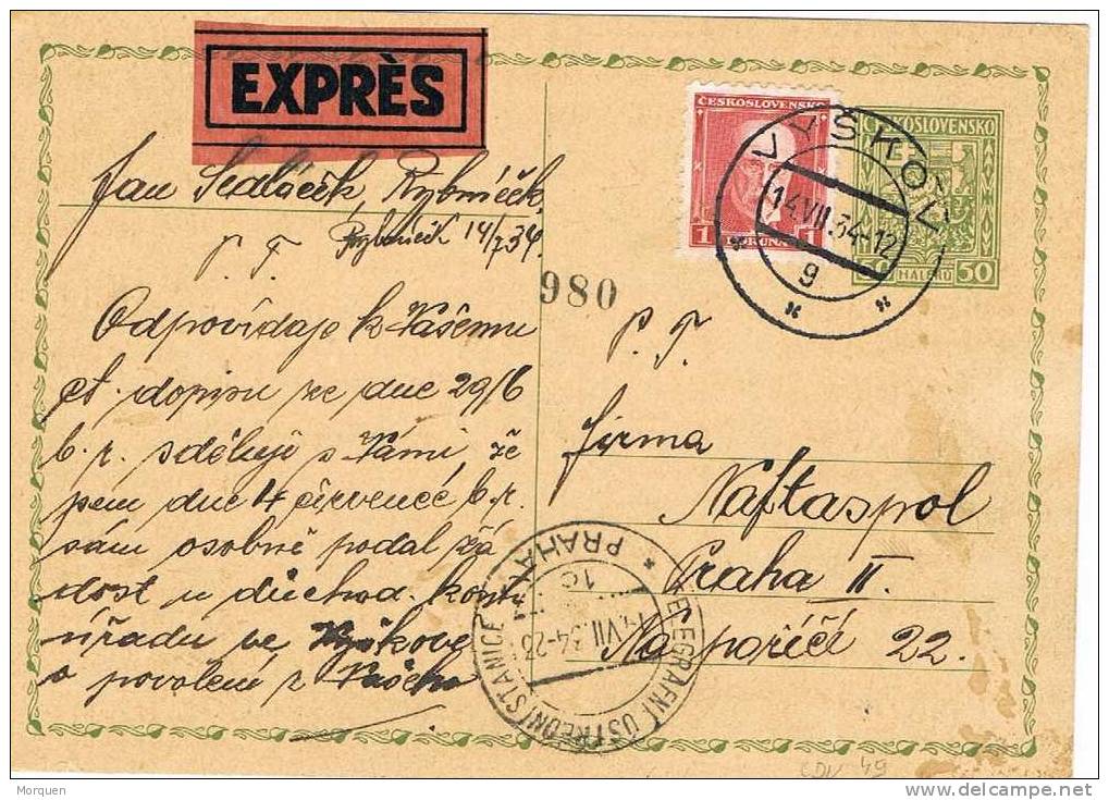 Entero Postal VYSKOV (Checoslovaquia) 1934. EXPRES - Cartes Postales