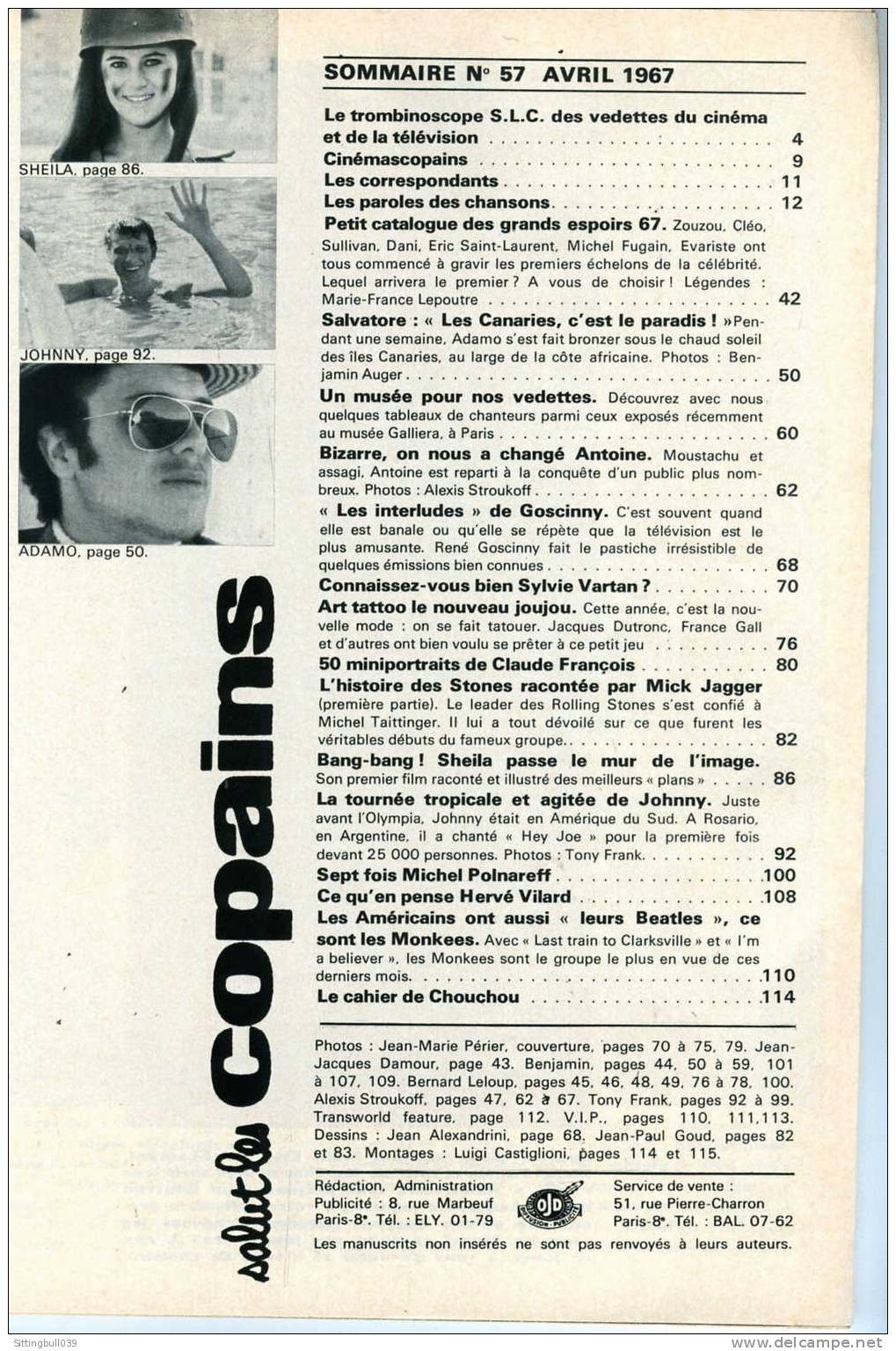SALUT LES COPAINS N° 57 (SLC). AVRIL 1967. SYLVIE VARTAN, JOHNNY, LES STONES, GOSCINNY, Etc. SUPERBES PHOTOS. - Musik