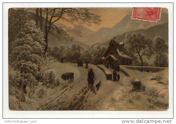 GERMANY Artist Signed O Schmidt Vintage Ca1900 POSTCARD -Church Dog Sleigh - Pintura & Cuadros