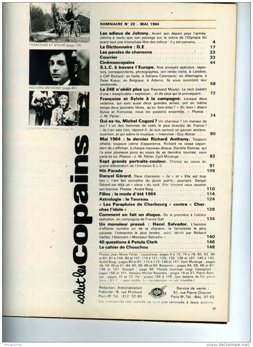 SALUT LES COPAINS N° 22 (SLC). MAI 1964. JOHNNY HALLYDAY, Etc. Et 7 Portraits Détachables. SUPERBES PHOTOS. - Muziek