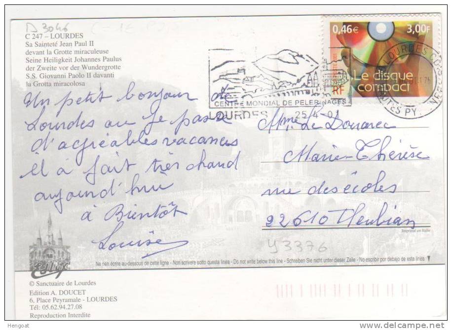 Timbre Yvert N° 3376 / Carte Du  25/04/2001 De Lourdes ( Jean Paul II), 2 Scans - Brieven En Documenten