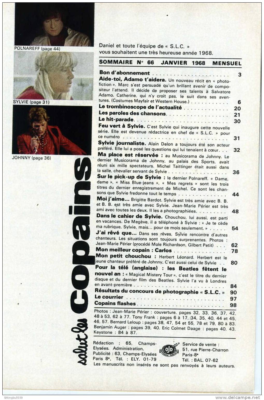 SALUT LES COPAINS N° 66 (SLC) JANV 1968. SYLVIE VARTAN, JOHNNY, LES BEATLES, BARDOT Et ASTERIX Au Ciné. SUPERBES PHOTOS. - Muziek