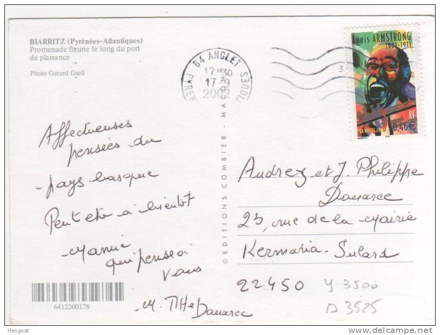 Timbre Yvert N° 3500 / Carte Du  17/09/2002 De Biarritz, 2 Scans - Brieven En Documenten