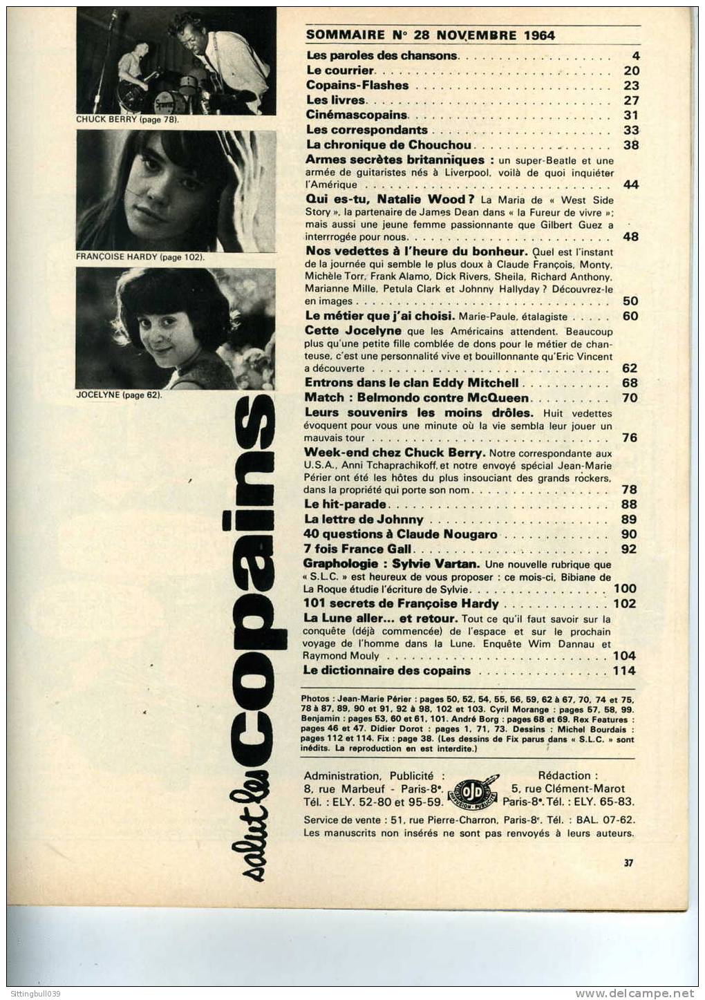 SALUT LES COPAINS N° 28 (SLC) NOV. 1964. STEVE MAC QUEEN, CHUCK BERRY, EDDY MITCHELL, Etc. SUPERBES PHOTOS. - Musique