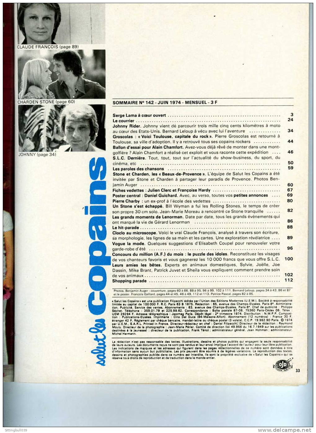 SALUT LES COPAINS N° 142 (SLC) JUIN 1974. CLOCLO, JOHNNY, ALAIN CHAMFORT STONE Et CHARDEN, Etc. SUPERBES PHOTOS. - Muziek