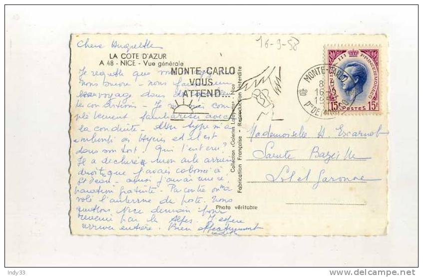 - MONACO . AFFRANCHISSEMENT SIMPLE SUR CP DE 1958  POUR LA FRANCE - Postmarks