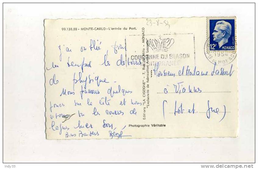 - MONACO . AFFRANCHISSEMENT SIMPLE SUR CP DE 1954  POUR LA FRANCE - Marcophilie