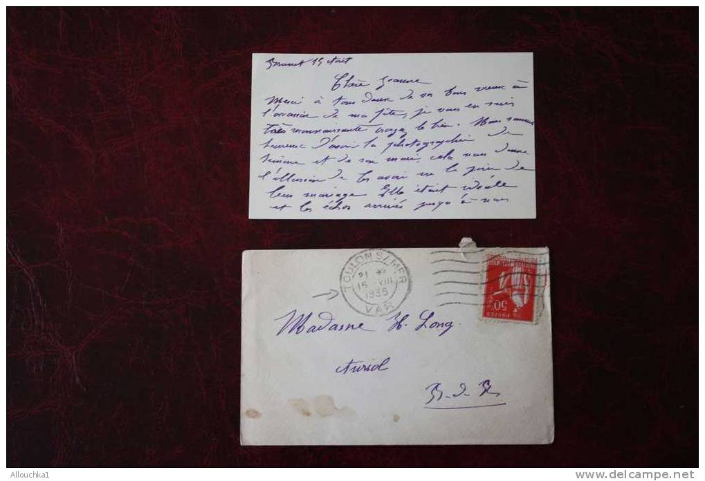 1935 LETTRE MIGNONETTE + CARTE DE VISITE DE TOULON  POUR AURIOL MARCOPHILIE TIMBRE SEUL SUR LETTRE FLAMME KRAGG - 1921-1960: Modern Period