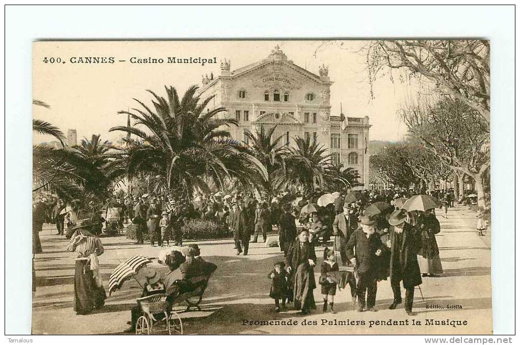 CASINO MUNICIPAL De CANNES - PROMENADE Des PALMIERS Pendant La MUSIQUE - BELLE CPA ANIMEE - Scan Recto-verso - Casinos