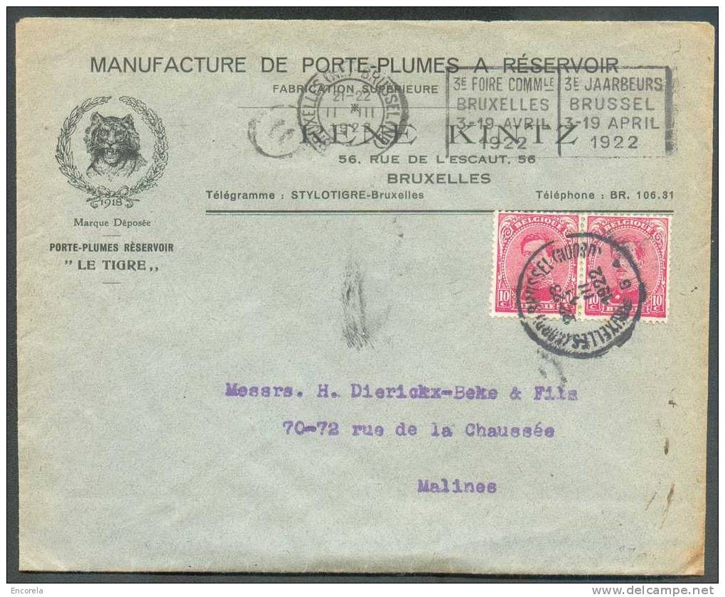 Belgique N°138(2)  Obl. Sc De Bruxelles (Nord) Sur Lettre Illustrée (manufacture De Porte Plumes à Réservoir René Kint - - Non Classés